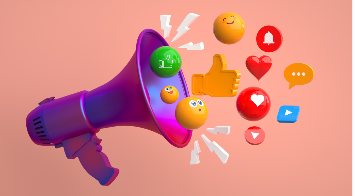 A megaphone surrounded by social media icons like thumbs-up, heart, chat bubbles, and notifications, symbolizing engagement and outreach on Facebook and Instagram.