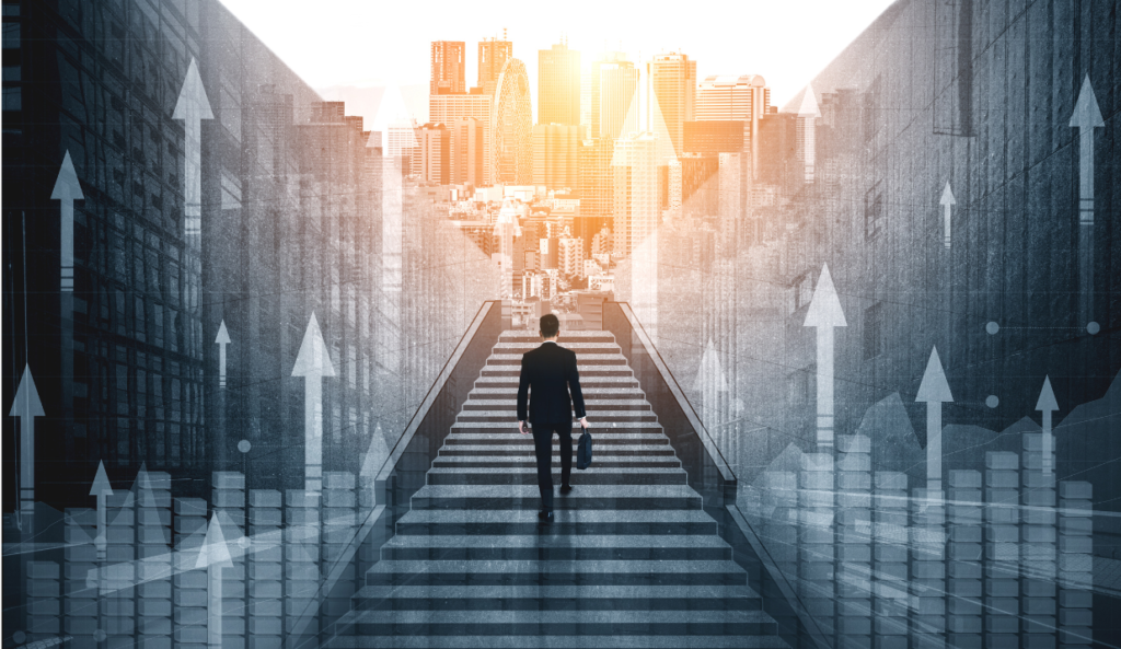 A businessperson walking up a staircase surrounded by upward-pointing arrows and skyscrapers, symbolizing growth and success in a corporate setting.