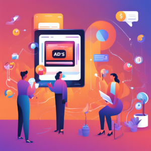 Illustration of professionals collaborating on digital advertising with floating icons representing various ad tools, data, and communication, symbolizing the process of targeted streaming ads