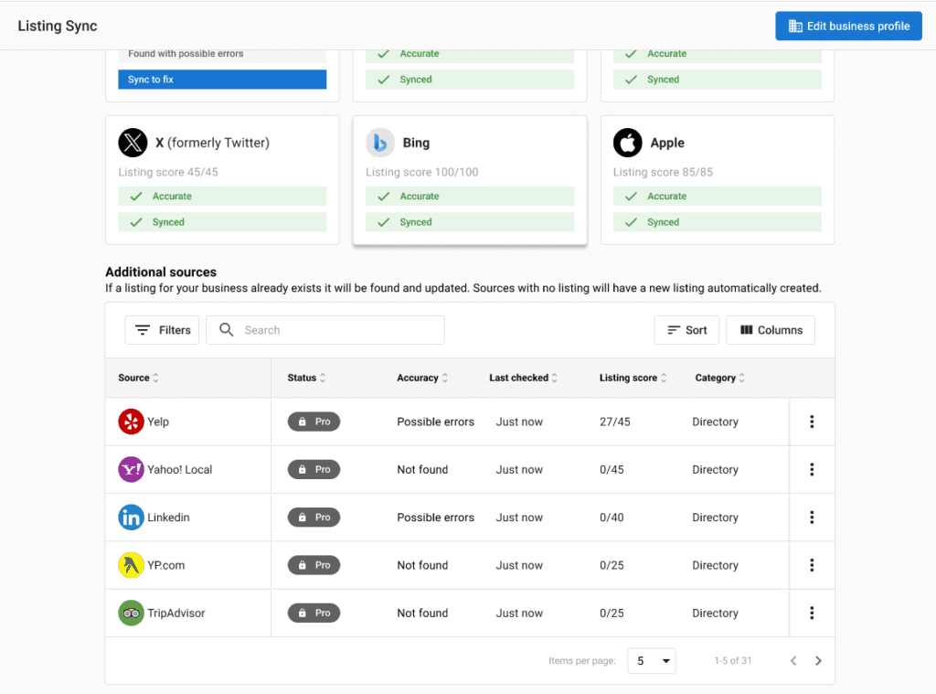 Screenshot of listing sync process showing business listings accuracy across multiple platforms like Yelp and Google